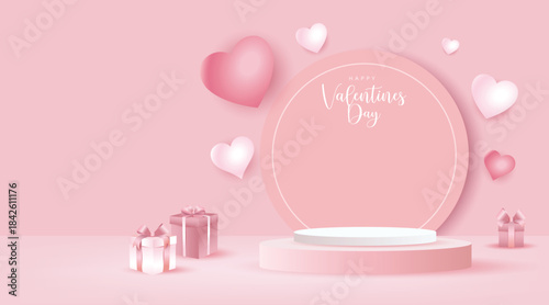 Romantic pink Valentine’s Day background with 3D hearts, gift boxes, and a round podium, perfect for love, celebration, and holiday-themed designs.