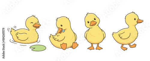 Adorable Yellow Duckling Cartoon Characters Set in Various Poses: Swimming, Walking, and Sitting Vector Illustration