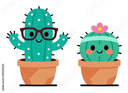Adorable cartoon cactus characters set in flower pots, one wearing glasses and another with a headband and flower, cute vector illustration for fun decor and plants