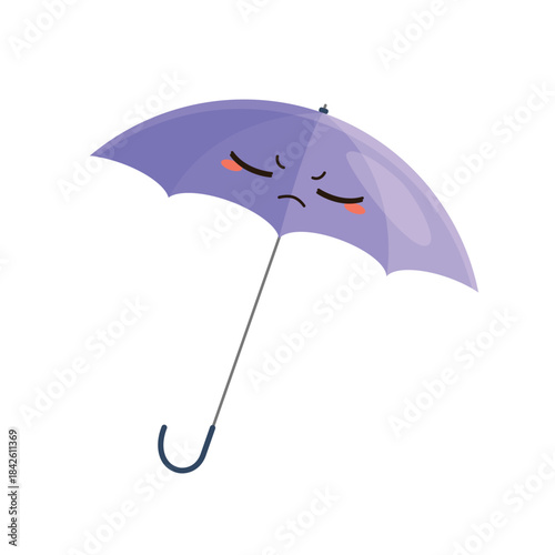 Cute purple umbrella character with eyes closed and sad expression vector illustration