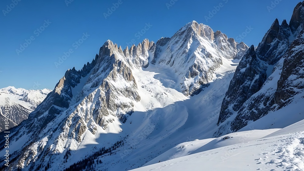 Obraz premium A winter ski resort in the Swiss Alps with snowy mountains and a clear blue sky