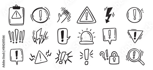 Warnings related hand drawn doodle simple icons set. Vector line drawing warnings related icons.
