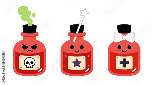 Cute cartoon magic potion bottles set in different types, including poison with skull, magical elixir with star and wand, and health/healing with a cross and bow, vector illustration