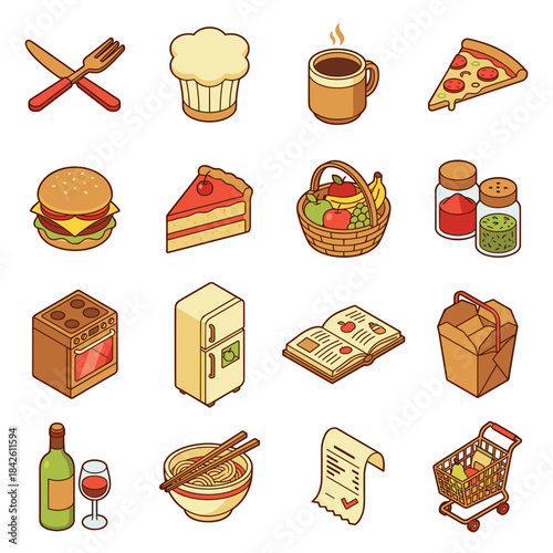Isometric food and restaurant kitchen icons set, featuring hamburger, pizza, cake slice, cooking stove, refrigerator, recipe book, noodles, and shopping cart, vector illustration