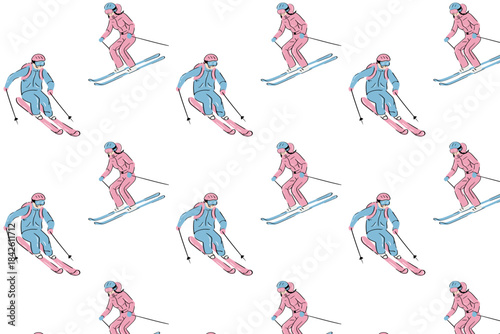 Dynamic doodle-style pattern of skiers. Skiers descending a slope at a ski resort. Extreme sports, freeriding, jumping in a snowy winter outdoor adventure. Flat vector illustration isolated on a white