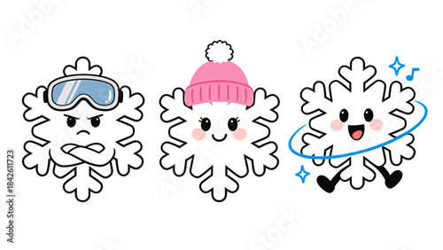 Set of Three Cute Cartoon Snowflakes with Different Expressions and Winter Accessories Vector Illustration