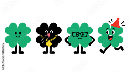 Set of Four Cute Cartoon Four-Leaf Clovers with Different Funny Expressions and Accessories Vector Illustration