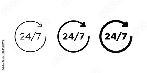 24/7 Service Icon Set with Circular Arrow. Outline, Bold, and Thick Versions