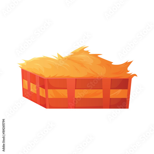 Wooden basket with hay, box of dry yellow grass for animal feeding vector illustration
