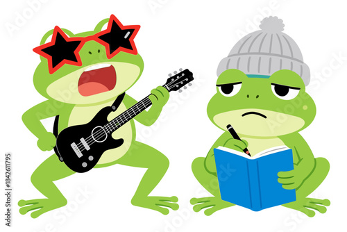 Two Funny Cartoon Frogs with Different Activities: Rock Star Playing Guitar and Serious Writer Vector Illustration
