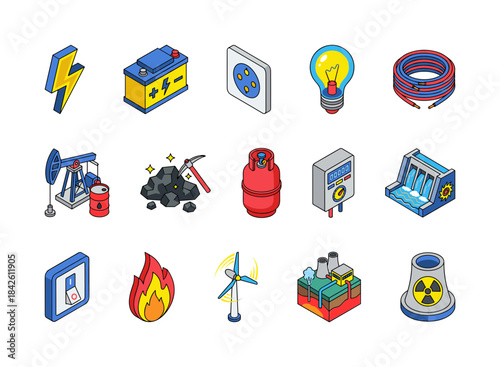 Collection of Isometric Energy, Power, and Industrial Icons: Electricity, Fossil Fuel, and Renewables Vector
