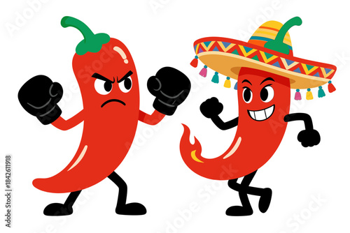 Two Funny Cartoon Red Chili Peppers Engaged in Boxing and Celebration Vector Illustration