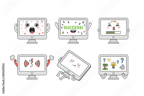 Collection of Six Cute Cartoon Computer Monitor Characters Showing Various Digital Emotions and Status