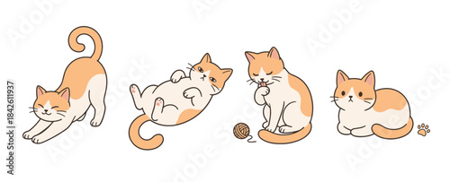 Set of Four Cute Cartoon Cat Characters in Various Relaxing Poses and Actions Vector Illustration