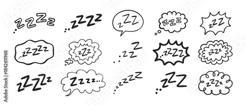 Zzz Zzzz bed sleep snore sound bubble set, snooze nap Z sound icon cloud set. Sleepy Zzz doodle hand drawn line icons