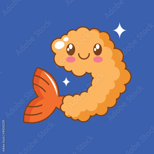 Hand drawn cute kawaii tempura shrimp cartoon illustration