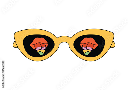 Groovy sunglasses with yellow frames, lips and tongue sticking out in glasses vector illustration