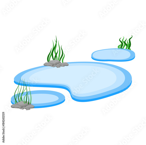 Cartoon Water Pond with Rocks and Seaweed