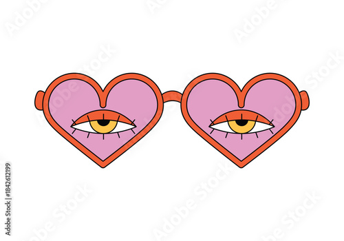 Groovy pink sunglasses with frames in shape of hearts and open eyes on glass vector illustration
