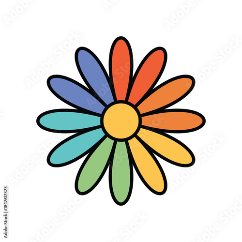 Groovy crazy daisy with rainbow petals, psychedelic flower with hippie vibe vector illustration