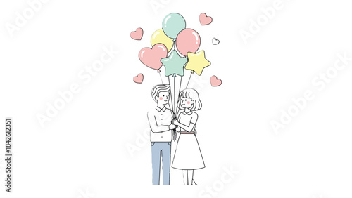 Couple with Balloons and Hearts: A tender moment unfolds as a couple, enveloped in love, holds aloft a collection of colorful balloons and floating hearts.