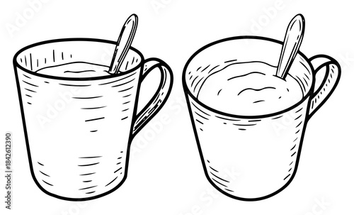 Set of mugs with drinks. Sketch vector hand drawn. Cup full of liquid. Hot tea coffee or cocoa. Teaspoon inside. Ceramic kitchenware. Tableware. Engraved graphic art illustration.