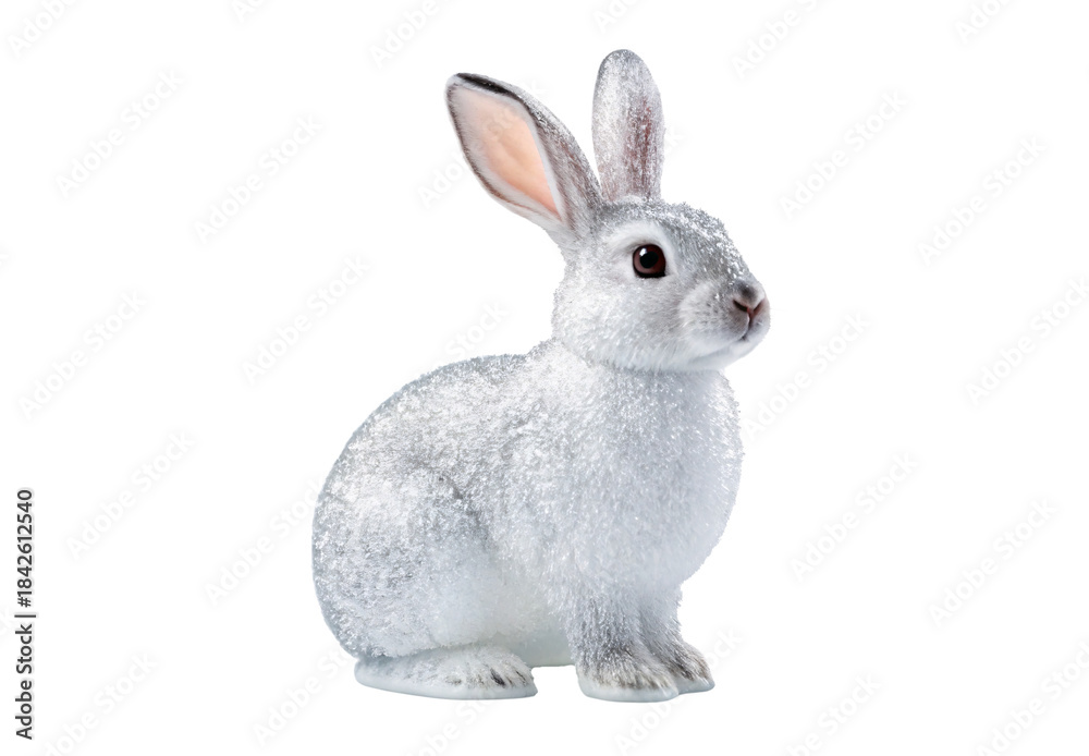 Obraz premium White fluffy rabbit sitting upright with alert posture, isolated on a transparent background
