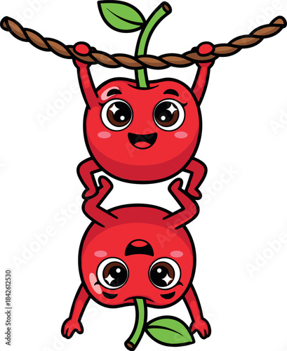 Two cartoon cherries hanging upside down from a brown rope cherry fruit