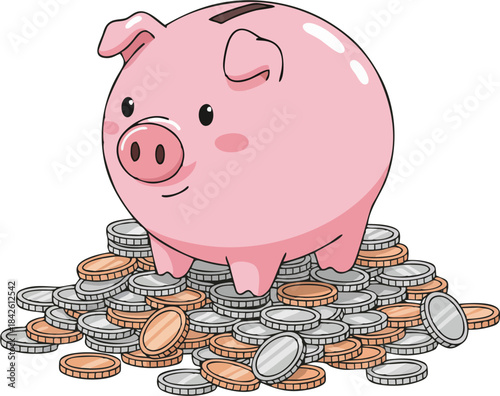 Cute pink piggy bank illustration standing on a pile of coins, cartoon savings and finance