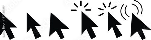 
Cursor mouse click icon set. Computer mouse click cursor gray arrow icons. hand pointer, click effect, arrow pointer, icons. Arrow click pixel cursor set. Mouse cursor pointer collection.
