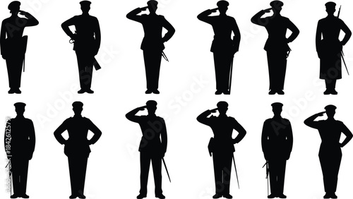 Black silhouette vector of diverse military personnel in uniform, saluting, standing, armed, showcasing roles, ranks, and tactical postures for design