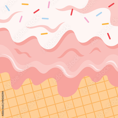 Liquid layers of pink ice cream flowing over crispy waffle surface background vector illustration