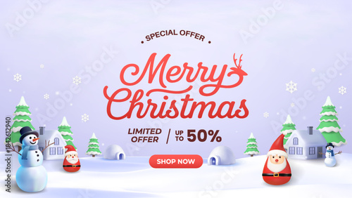 Merry Christmas Special Offer Banner With Snowy Village, Santa, Snowmen and Shop Now Button