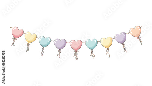 Balloons in Love: A cascade of heart-shaped balloons, each a unique pastel hue, float gently, bound together by delicate strings in a whimsical celebration of love and affection.