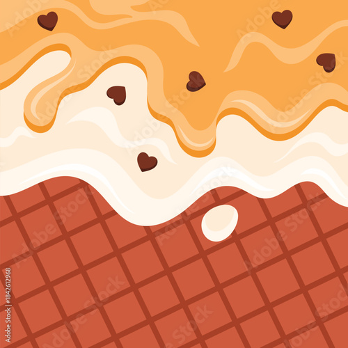 Caramel sauce and vanilla ice cream dripping down chocolate wafer background vector illustration