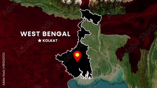 West Bengal state map highlight animation on India map, West Bengal outlined with location pin and Kolkata marker for geography visuals, news graphics, educational content, and regional presentation 