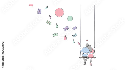 Eternal Embrace on a Swing: An illustration showcasing a loving couple, seated on a swing, amidst a cascade of falling gifts, and floating decorative elements.