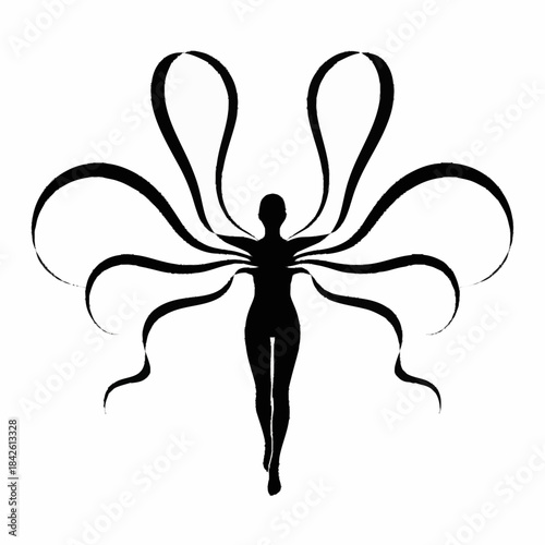 Silhouette of a woman with flowing ribbons like wings.