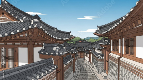 Traditional Korean Hanok village street scene architectural illustration with tiled roofs and wooden structures representing cultural