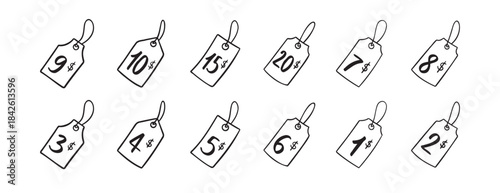 Dollar price tag numbers doodle hand drawn icon set. Outline drawing dollars price tag line clipart symbol. Isolated price tag