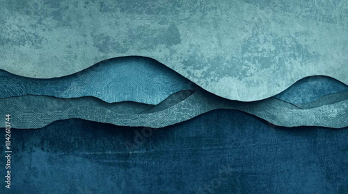 Abstract blue wavy layered paper texture with dark to light gradient