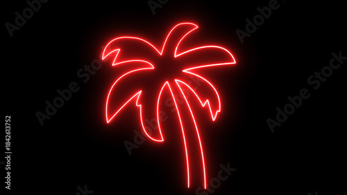 vibrant red neon palm tree glowing against a stark black background, evoking a tropical summer night vibe, perfect for beach party invitations or retro vacation designs