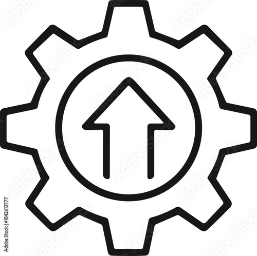 Simple black and white outline vector icon of a cogwheel or gear with a bold upward arrow in the center, representing development, upgrade, efficiency, and system growth.