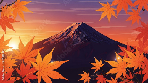 Mount Fuji at sunset framed by vibrant autumn maple leaves a serene Japanese landscape for travel and seasonal concepts
