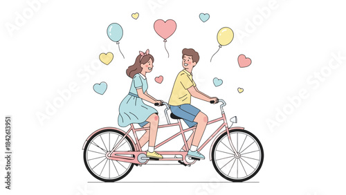 Tandem Bike Ride of Affection: A romantic couple on a tandem bike, sharing a moment of togetherness as colorful heart-shaped balloons float around them.