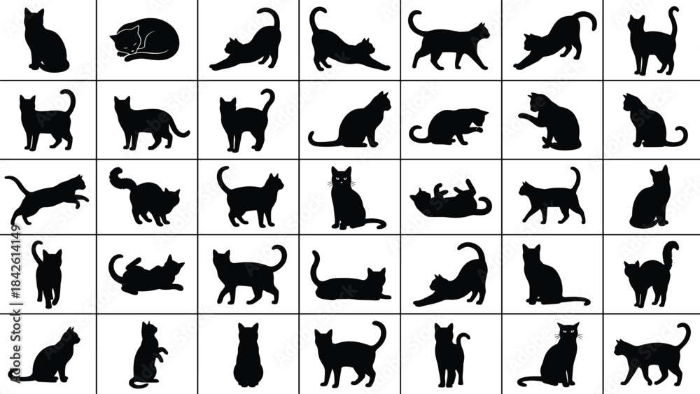 Naklejka premium Collection of cat silhouettes in various poses and actions arranged in grid layout, perfect for pet graphics, illustration projects, patterns, and creative design use