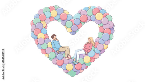 Love's Balloon Heart: A couple sits surrounded by a heart-shaped arrangement of colorful balloons, embodying the essence of love, connection, and joy. A sweet image of love in a dream.