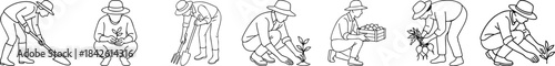  Continuous Line Art Farmer Character Set: Minimalist Gardening and Agriculture Poses, Planting and Harvesting Vector Illustration