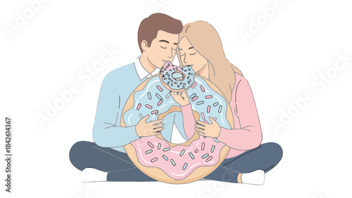 Sweet Embrace: A couple shares an intimate moment, cradling a colorful doughnut in a tender embrace, symbolizing sweetness and love. 