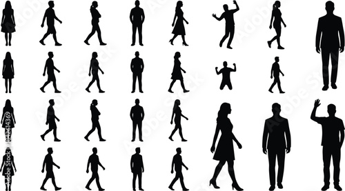 Collection of diverse walking and standing people silhouettes in various everyday poses, including gestures, motion actions, and casual stances for vector illustration designs